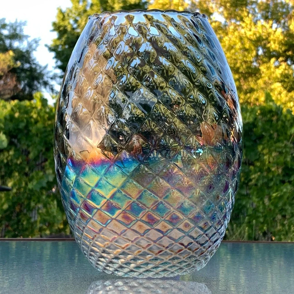 Spanish Iridescent Embossed Diamond Pattern Recycled Glass Large Table Vase